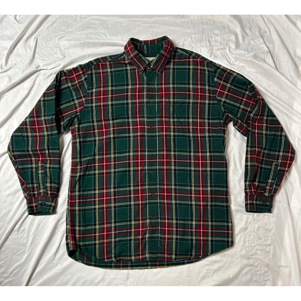LL Bean Y2K 90's Mens Flannel Shirt L Tall Green Red Plaid Cotton Button Down
